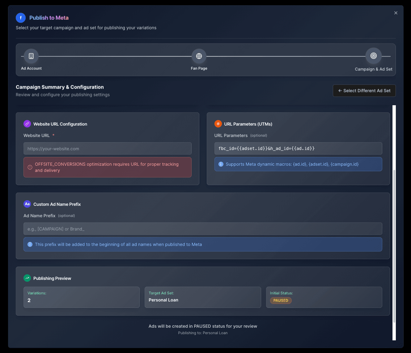 Meta Publishing Dialog - Bulk ad publishing interface