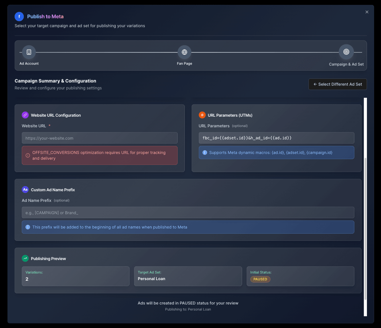 Meta Publishing Dialog - Bulk ad publishing interface