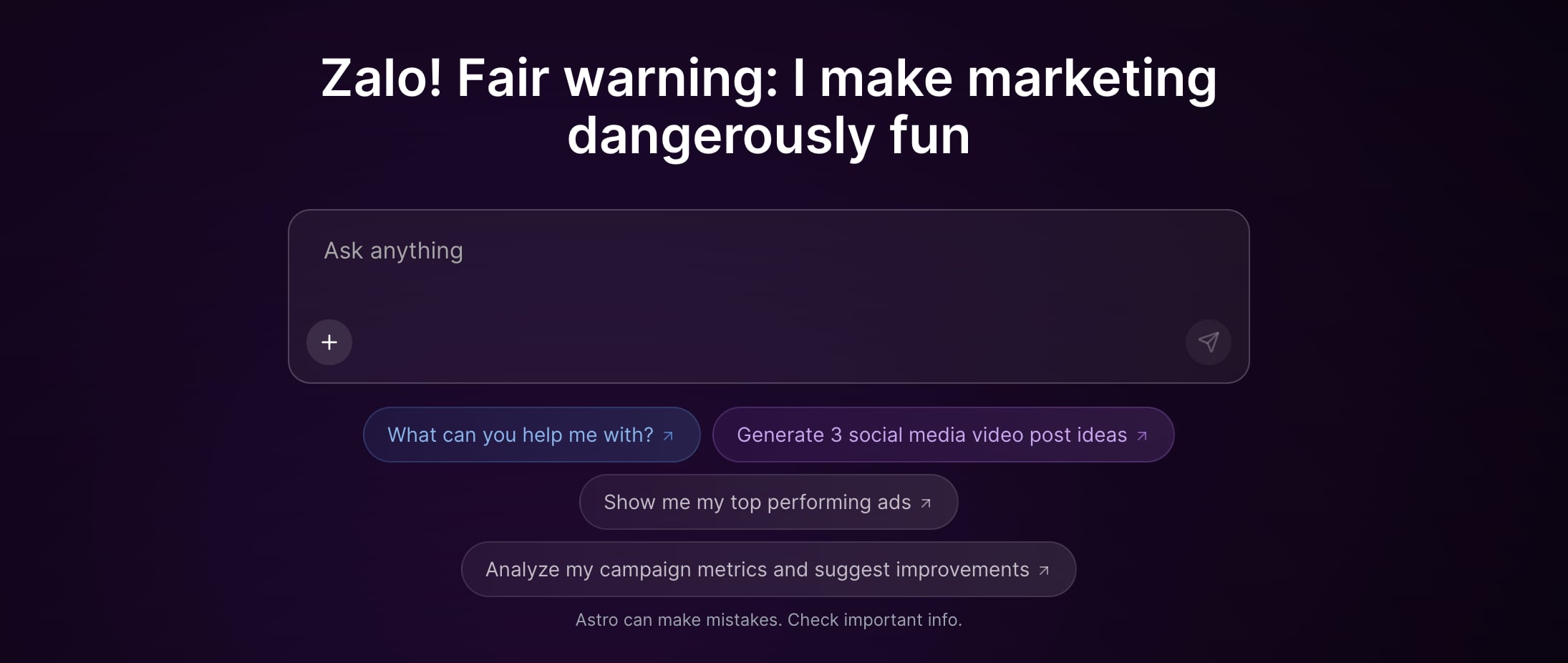 Ask Astro UI interface showing AI-powered marketing campaign generation and optimization tools